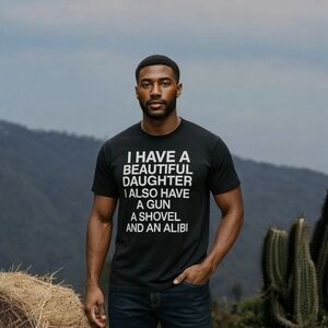 Canvas Funny Dad Tee ✦ Black 4XL Graphic Shirt ✦ Daughter Gun Shovel Alibi EUC